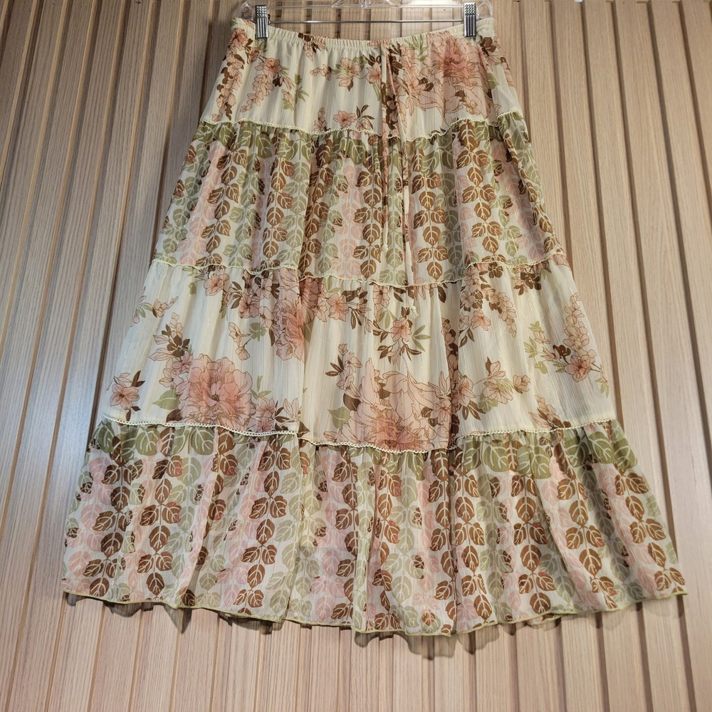 JKLA California Maxi Dress Womens Medium Cream Floral Gold Metallic Good Boho